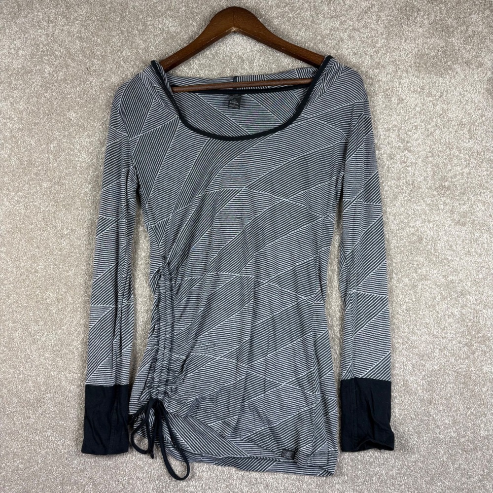 Prana Gray Striped Geometric Hooded Long Sleeve Cinch Side Top Women's S